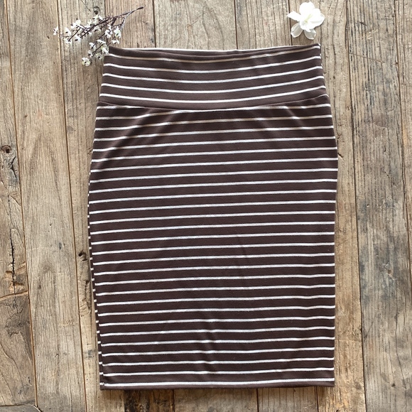LuLaRoe Brown and White Striped Cassie Pencil Skirt - Picture 1 of 7